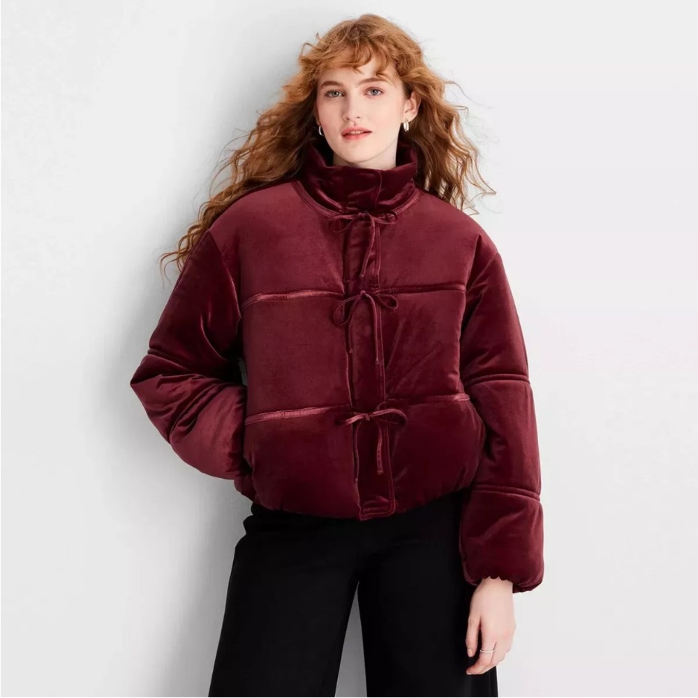 Women's Holiday Velvet Bow-Tie Puffer Jacket - Future Collective Burgundy